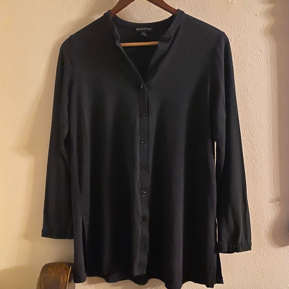 Eileen Fisher Black Knit Button Down Shirt Top